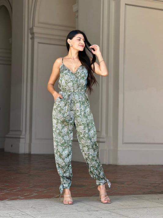 V Neck Sleeveless Paisley Jumpsuit With Tie Waist - All Season Fashion