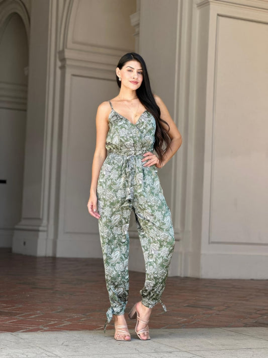 V Neck Sleeveless Paisley Jumpsuit With Tie Waist - All Season Fashion
