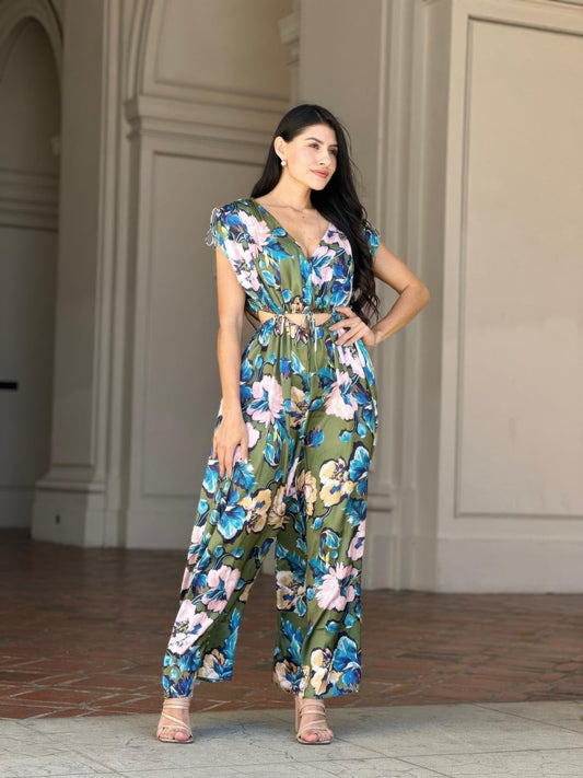 Satin Floral Cut Out Straight Leg Jumpsuit - All Season Fashion