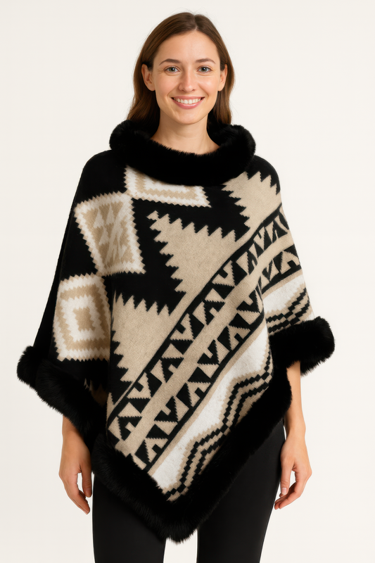 Tribal Luxe Faux Fur Trim Poncho - All Season Fashion