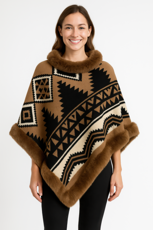 Tribal Luxe Faux Fur Trim Poncho - All Season Fashion