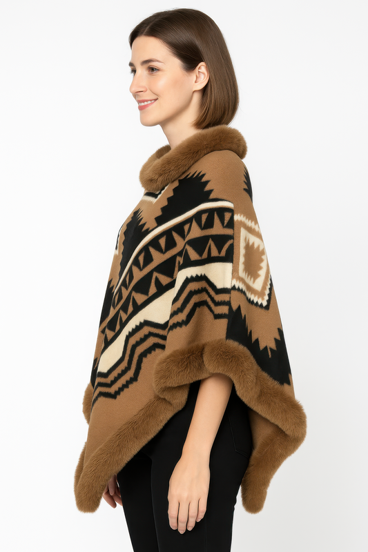 Tribal Luxe Faux Fur Trim Poncho - All Season Fashion