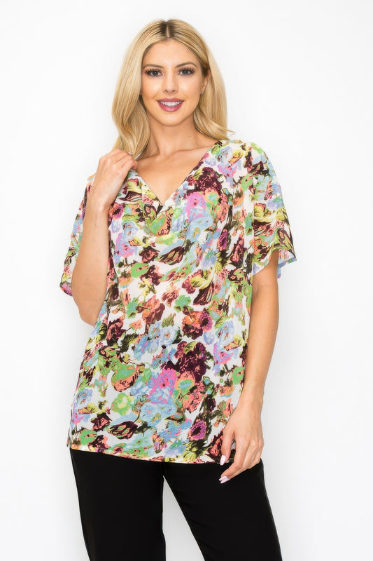 Sheer Neon Floral Cowl Neck Whimsgoth Relaxed Top - All Season Fashion