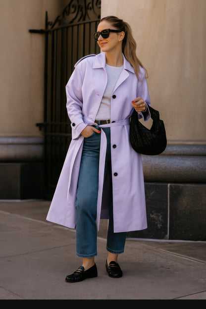 Solid Long Sleeve Trench Coat Woman Lined - All Season Fashion