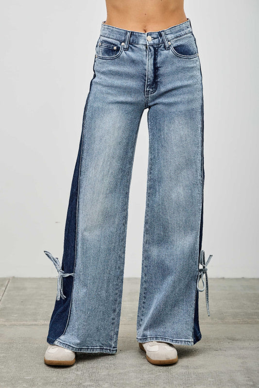 Mid Rise Contrast Wide Leg With Tie - All Season Fashion