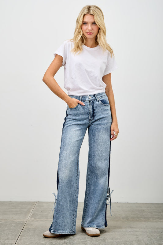 Mid Rise Contrast Wide Leg With Tie - All Season Fashion