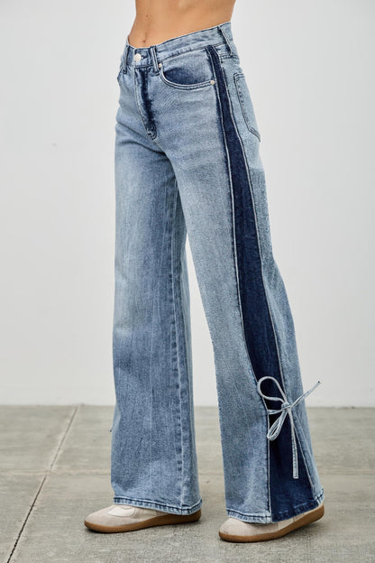 Mid Rise Contrast Wide Leg With Tie - All Season Fashion