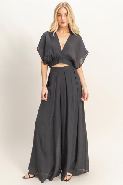 Collared Wrap Top & Wide-leg Pants Set - All Season Fashion