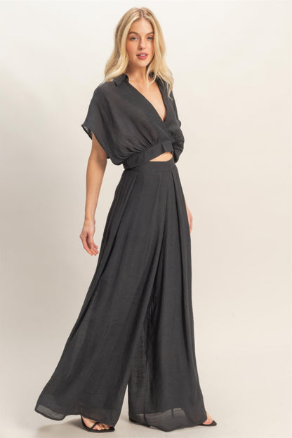 Collared Wrap Top & Wide-leg Pants Set - All Season Fashion