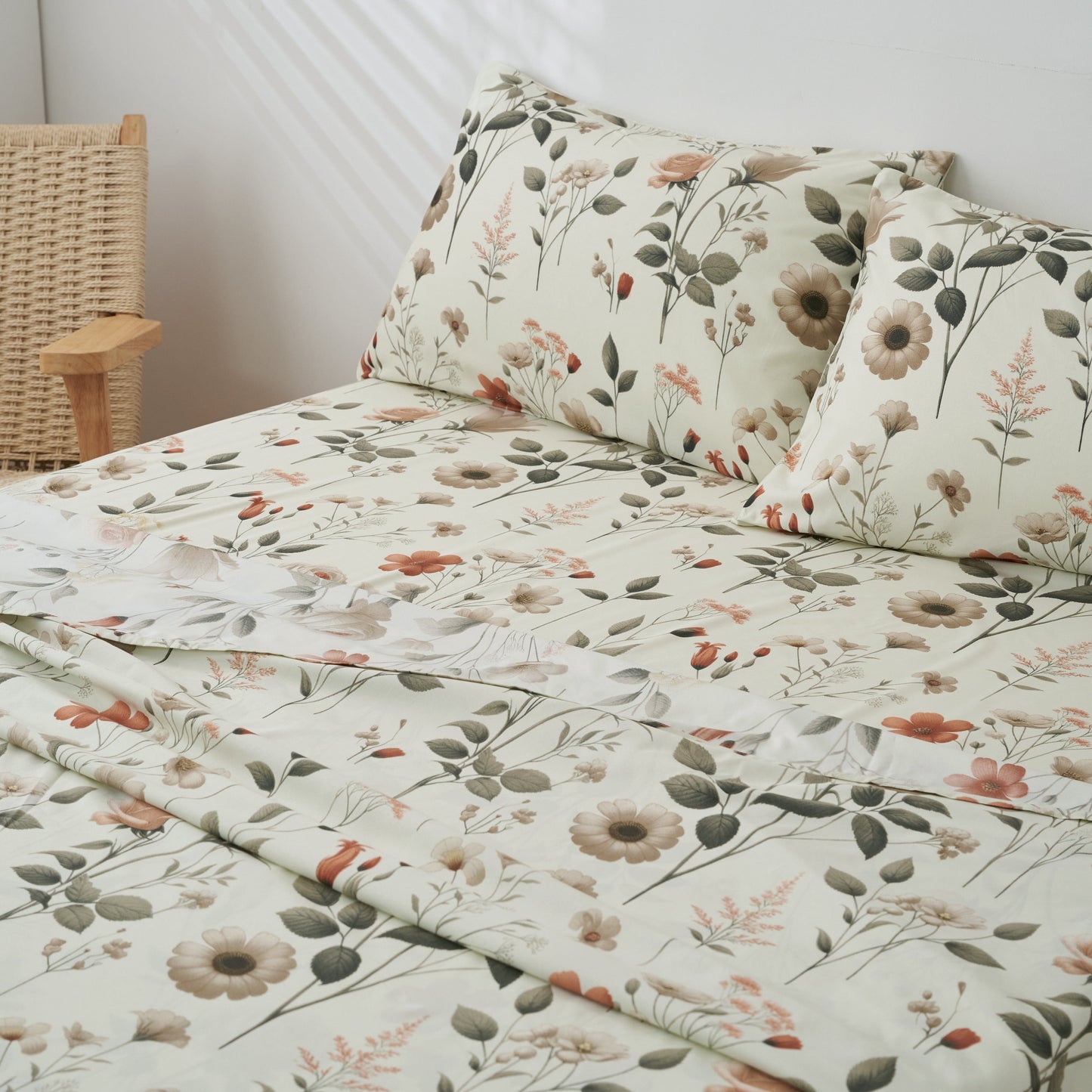 DaDalogy Enchanted Meadow Bed Sheet Set - Floral Harmony in Beige, Rose, and Soft Green, Premium Soft Microfiber, Machine Washable, Deep Pocket 14 - 15 Inches + Flat Sheet