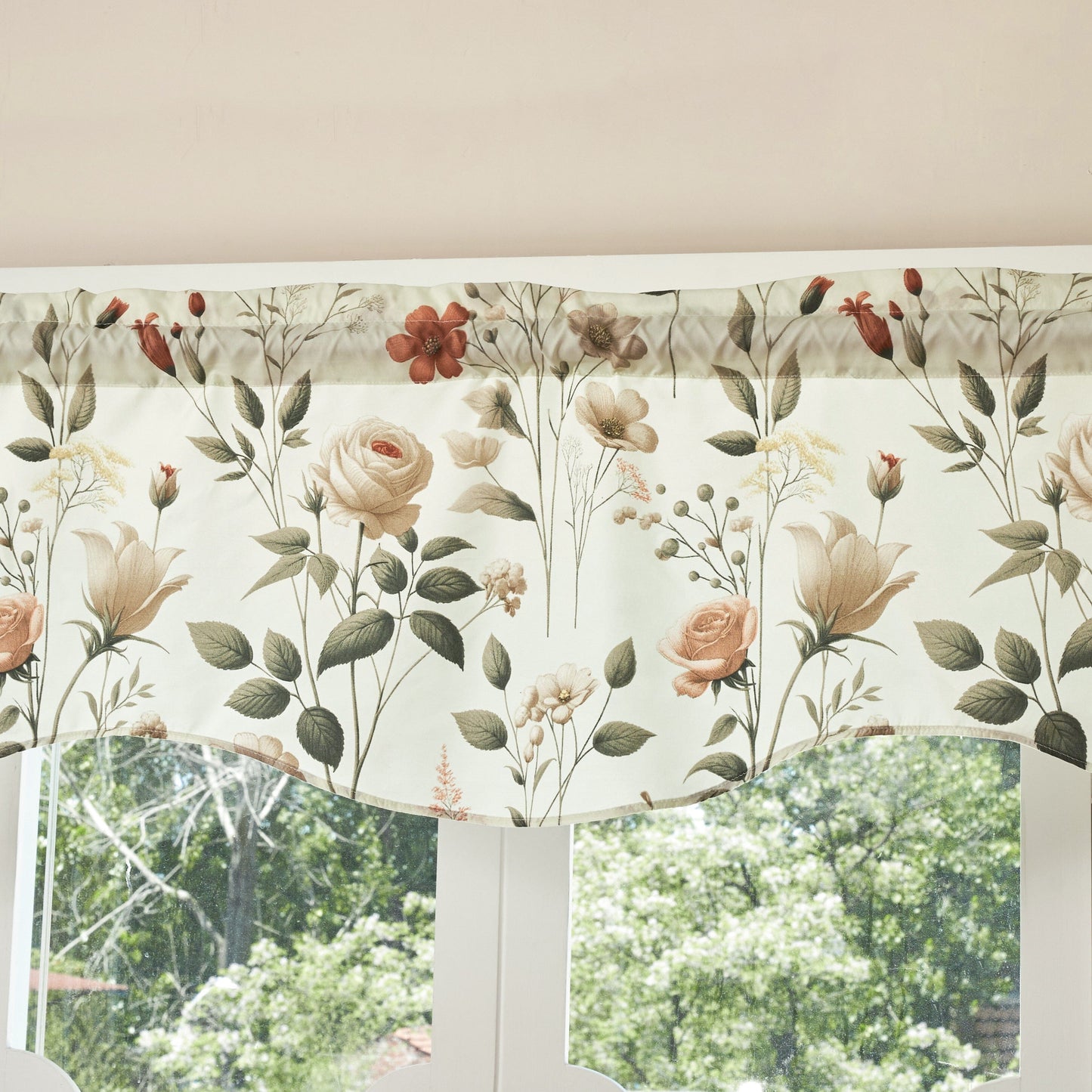 DaDa Bedding Collection Enchanted Meadow Semi-Sheer Valance - Floral Elegance in Beige, Rose, and Soft Green, Light Filtering See Through Microfiber, Rod Pocket Design, 18x52 Inches