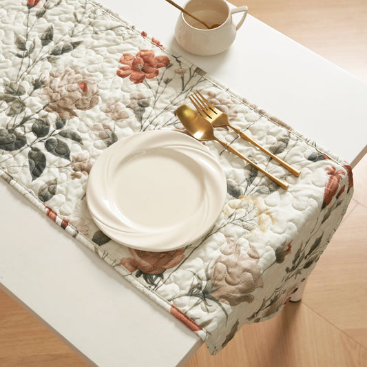 DaDalogy Enchanted Meadow Reversible Dinner Table Runner - Floral Elegance in Beige, Rose, and Soft Olive Green, Premium Soft Microfiber Quilted Table Runner