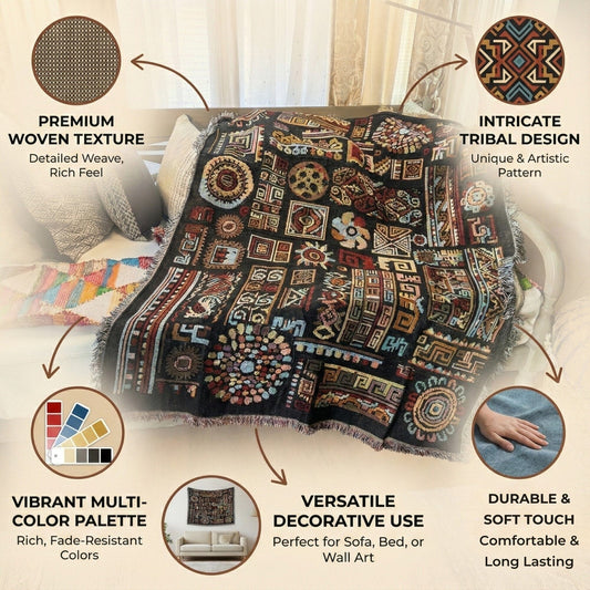 DaDa Bedding Elegant Tapestry Throw Blanket, Ethnic Ornaments Geometric Black - 50β x 60β (7174)