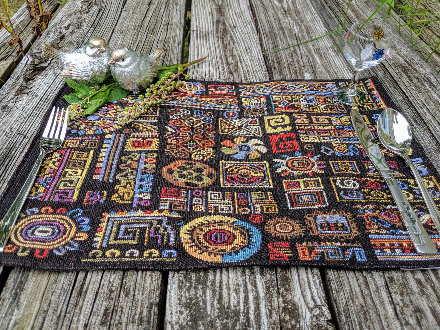 DaDa Bedding Set of 4-Pieces Ethnic Ornaments Geometric Black Tapestry Dining Placemats 13” x 19” (18118)