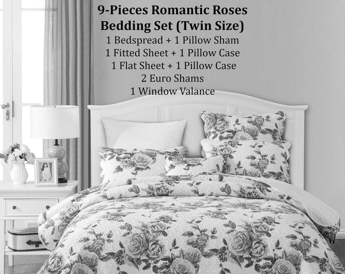 DaDa Bedding Bed in a Bag Bundle Set - Romantic Roses Lovely Blooming Floral Bedding Set (JHW-879)