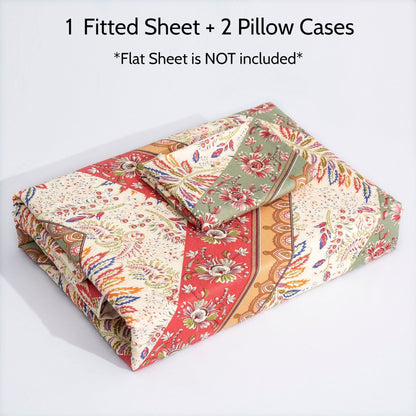 DaDa Bedding Botanical Cranberry Sage Chevron Floral Fitted Bed Sheet w/ Pillow Cases (JHW-924-Fitted)