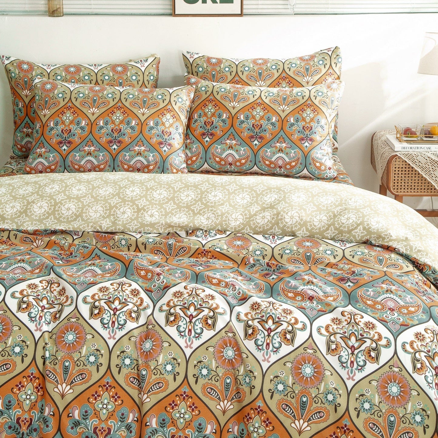 DaDalogy Bedding Bohemian Duvet Cover w/Pillow Cases - Reversible Coral Teal Floral Paisley Botanical Garden Party - Bright Vibrant Multi-Colorful Blue Salmon Pink
