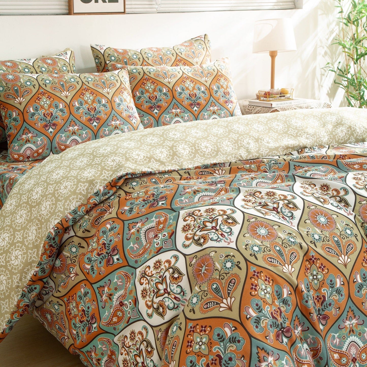 DaDalogy Bedding Bohemian Duvet Cover w/Pillow Cases - Reversible Coral Teal Floral Paisley Botanical Garden Party - Bright Vibrant Multi-Colorful Blue Salmon Pink