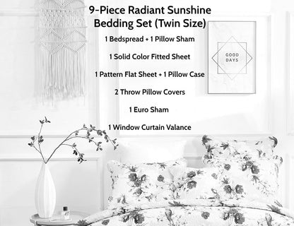 DaDa Bedding Bed in a Bag Bundle Set - Radiant Sunshine Yellow Hummingbirds Floral Bedding Set (JHW-925)