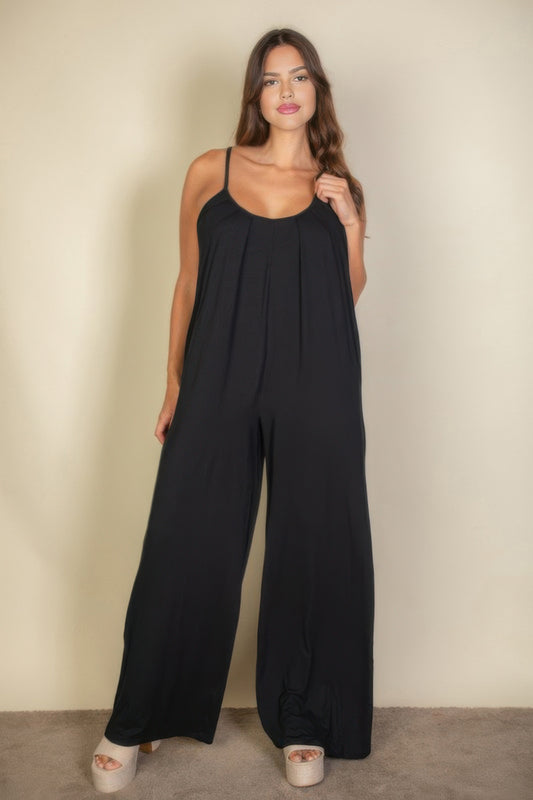 Plus Spaghetti Strap Solid Wide Jumpsuit - All Season Fashion