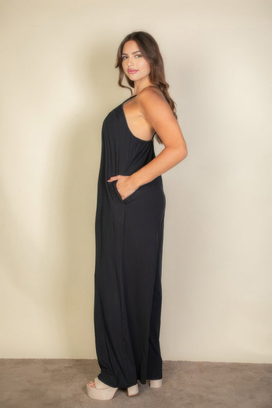 Plus Spaghetti Strap Solid Wide Jumpsuit - All Season Fashion