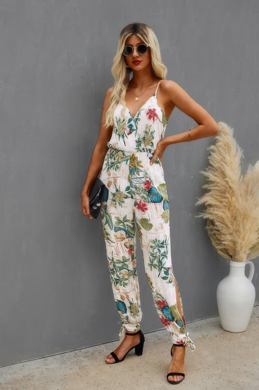 Sleeveless Floral Print Knot Side Cami Jumpsuit - All Season Fashion
