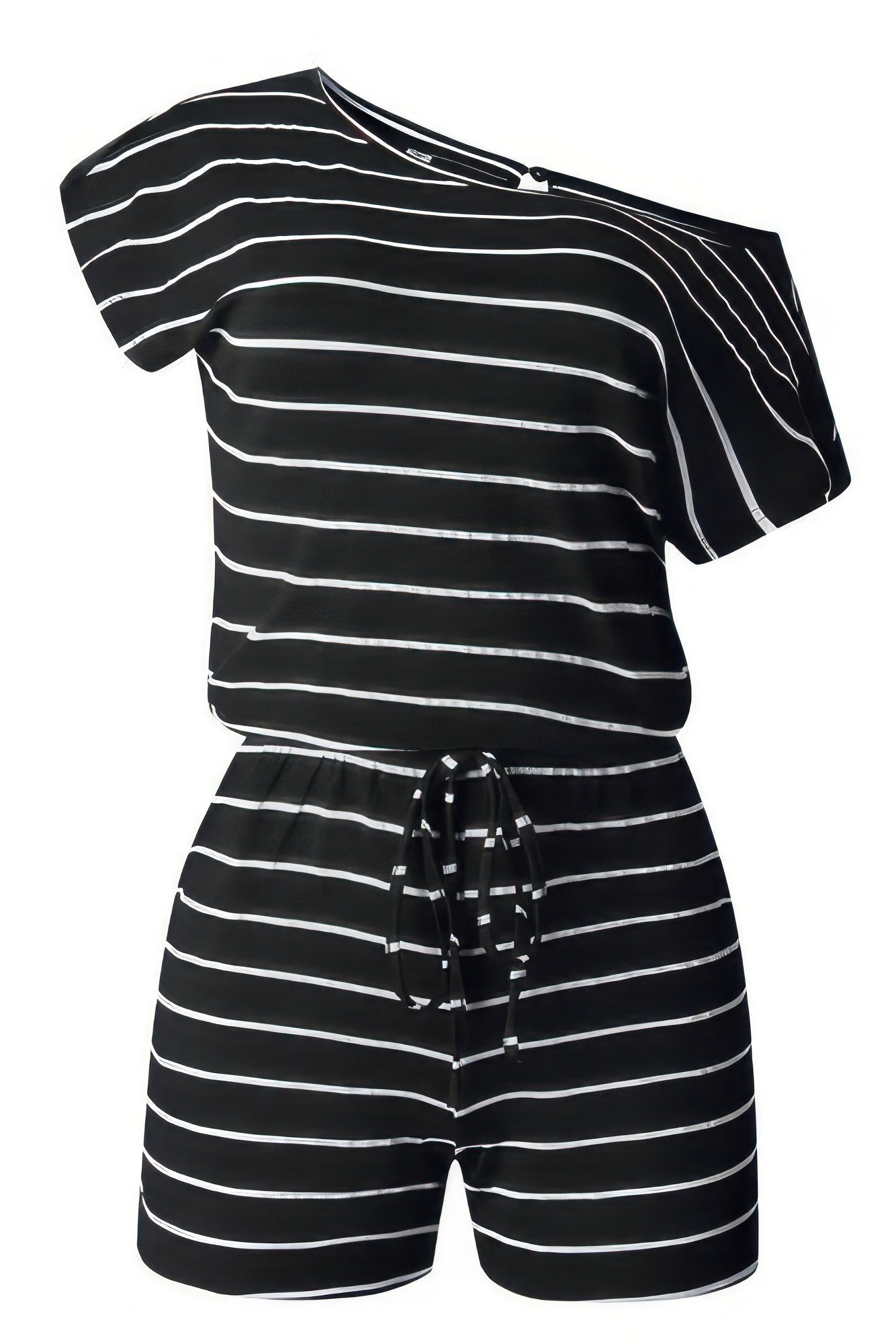 Striped Short Sleeve Drawstring Waist Romper - All Season Fashion