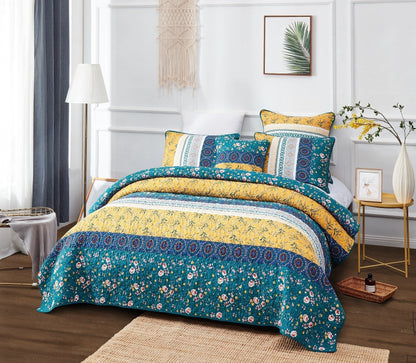 DaDa Bedding Bohemian Patchwork Bed of Wild Flowers Floral Gardenia Green Bedspread Set (JHW-886)