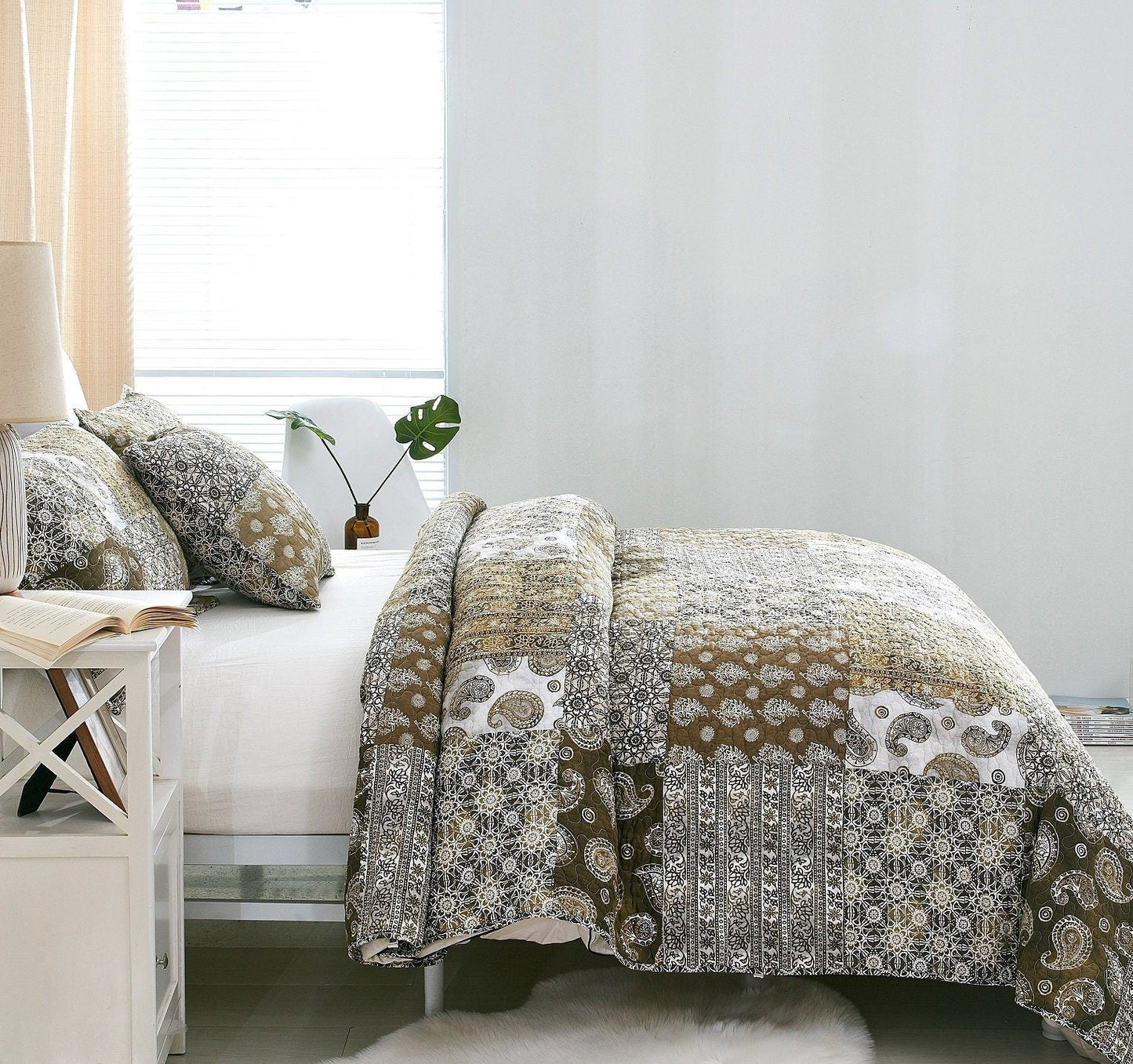DaDa Bedding Bohemian Olive Brown Moroccan Paisley Floral Filigree Patchwork Cotton Bedspread Set (JHW-885)