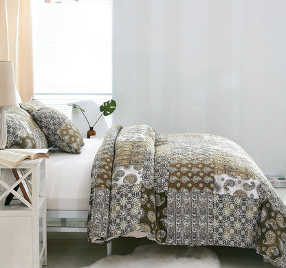 DaDa Bedding Bohemian Olive Brown Moroccan Paisley Floral Filigree Patchwork Cotton Bedspread Set (JHW-885)