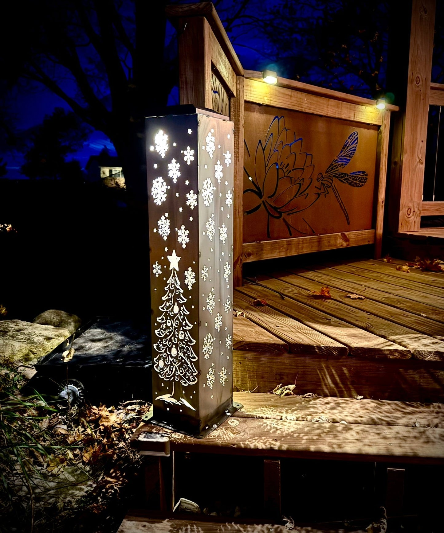 Enchanted Evergreen Solar Pillar - Steel Christmas Tree Solar Light