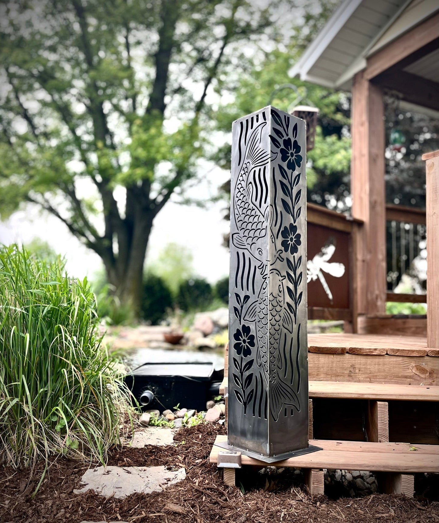 Floral Koi Steel Solar Pillar | Multiple Sizes | Corten Available