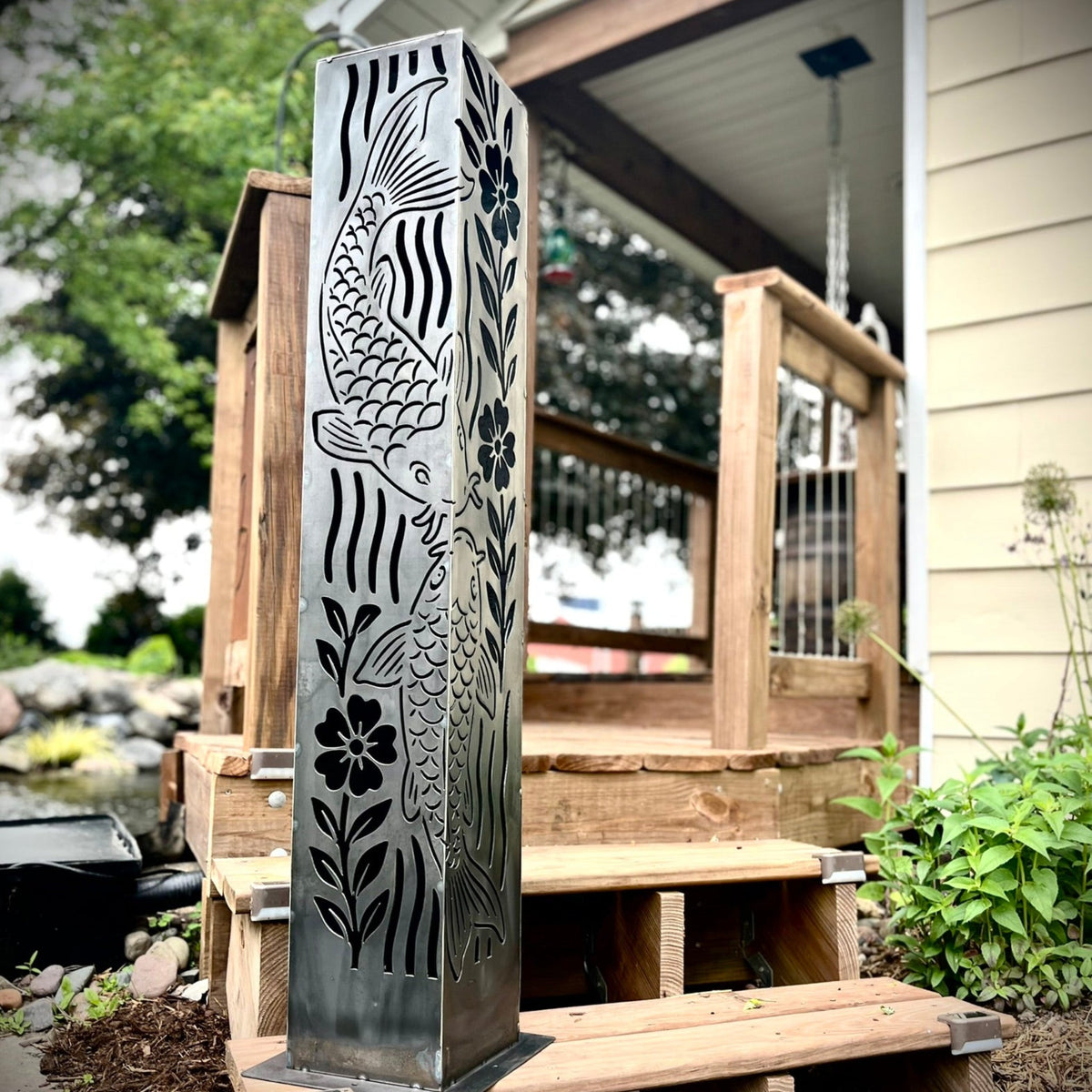 Floral Koi Steel Solar Pillar | Multiple Sizes | Corten Available