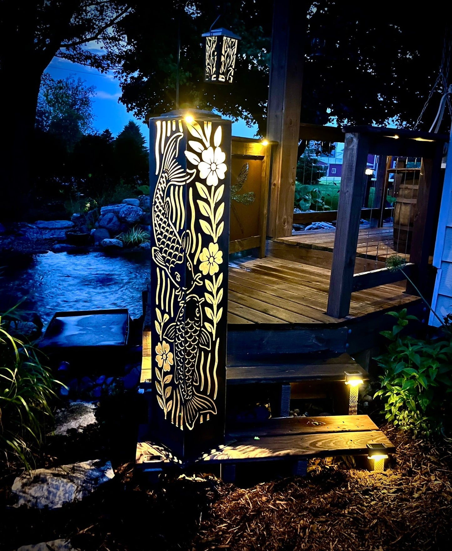 Floral Koi Steel Solar Pillar | Multiple Sizes | Corten Available