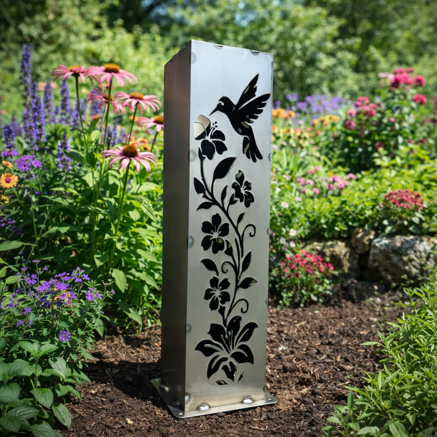 Hummingbird Garden Glow Solar Luminary Pillar - Steel