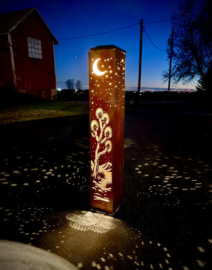 Joshua Tree Moon Luminary Pillar w/ Solar Cap | Multiple Sizes | Steel
