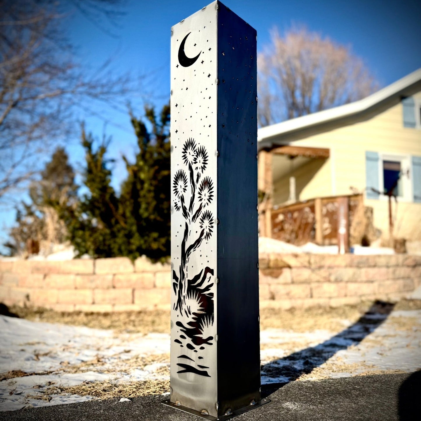 Joshua Tree Moon Luminary Pillar w/ Solar Cap | Multiple Sizes | Steel