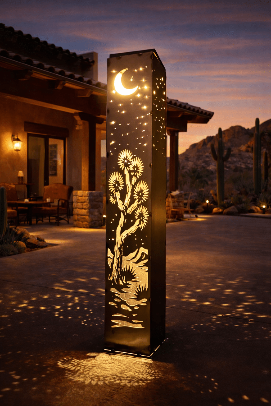 Joshua Tree Moon Luminary Pillar w/ Solar Cap | Multiple Sizes | Steel