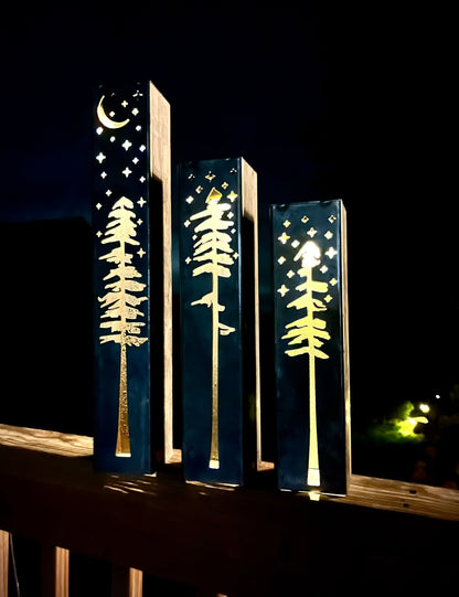 Pine Tree Night Sky Luminary Pillars w/ Solar Cap