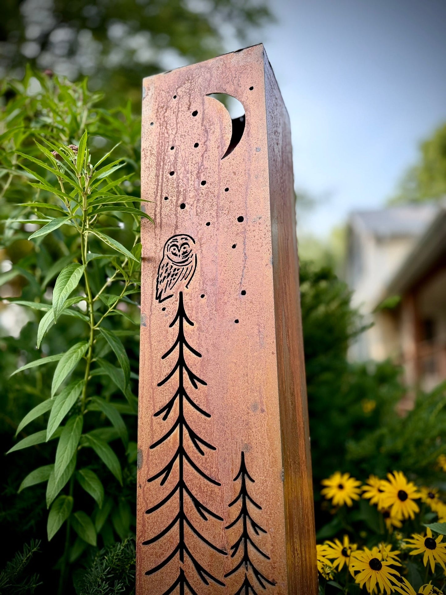 Simple Pines Owl Solar Pillar - Steel - Corten Available