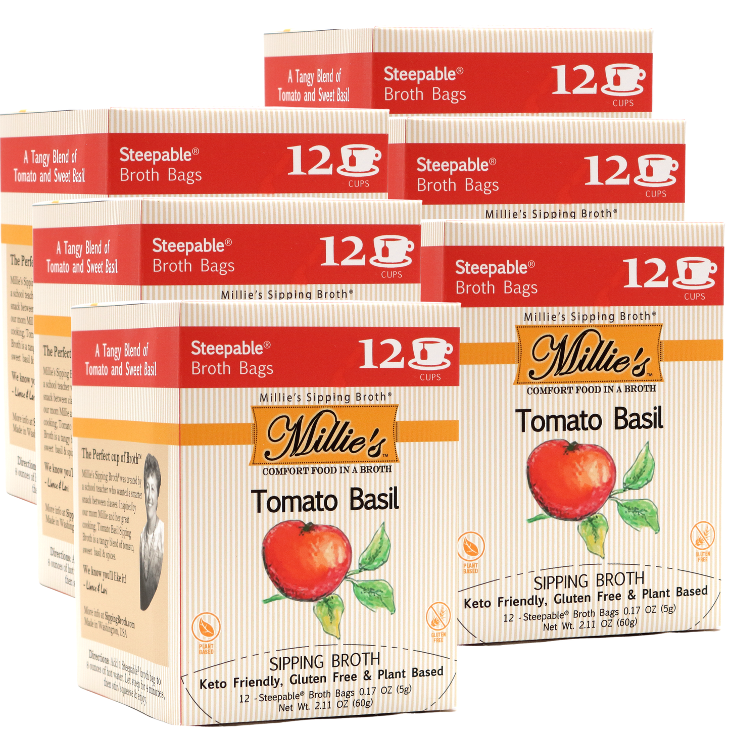 Millie's Tomato Basil Sipping Broth Value Case -6 Box C A S E - 12 Count (72 Servings)